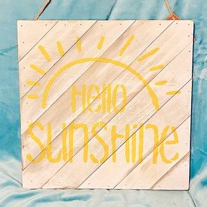 Signage Whitewash wood yellow text reads Hello Sunshine NWT